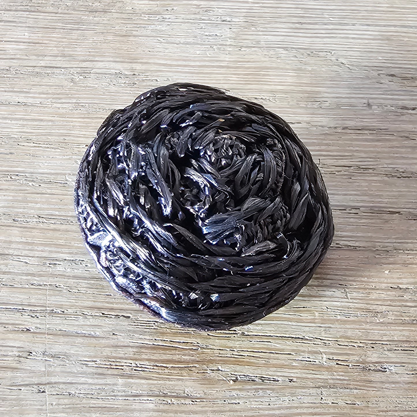 Handmade brooch using vintage dark brown ruched raffia domed button