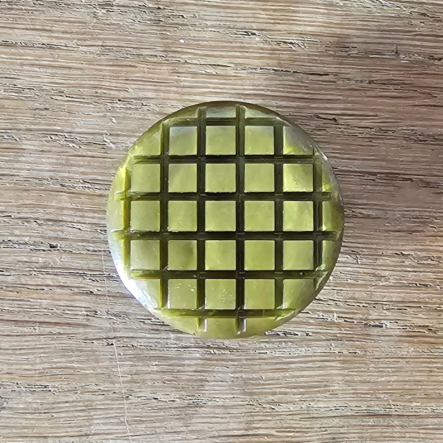 Handmade brooch using vintage olive green carved lucite button