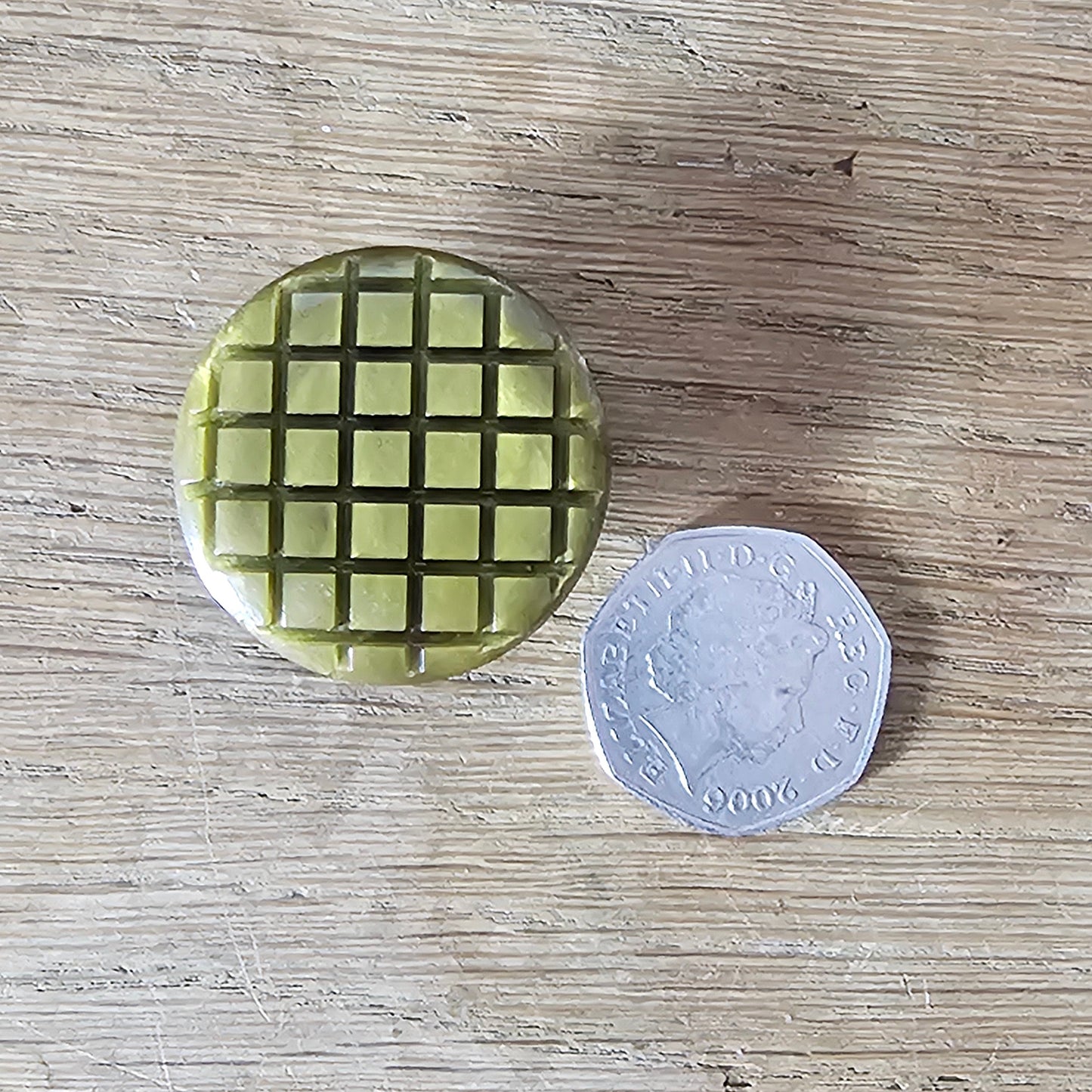 Handmade brooch using vintage olive green carved lucite button