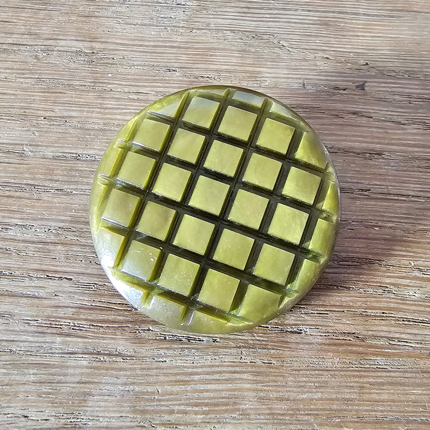 Handmade brooch using vintage olive green carved lucite button