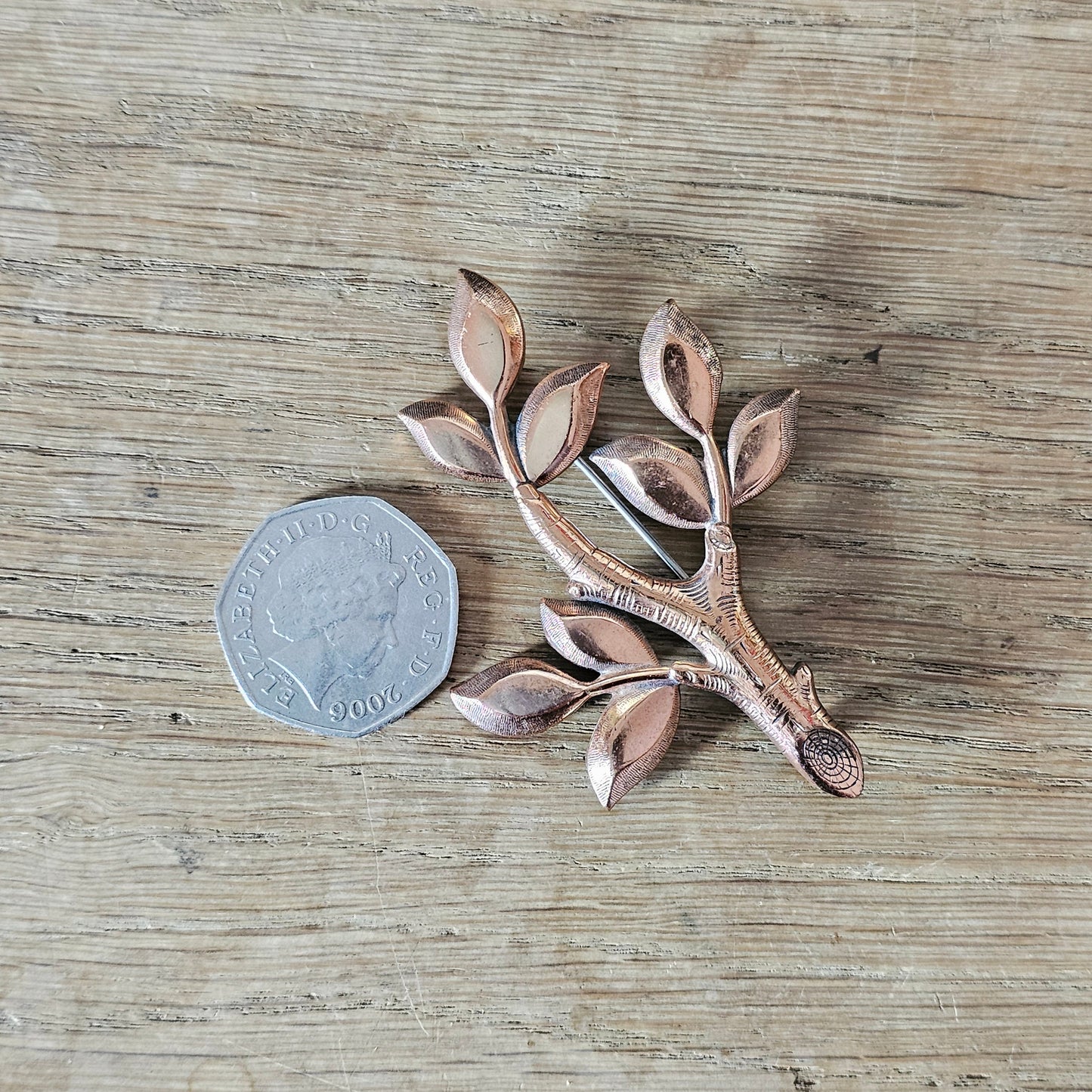 Mid-century Renoir copper-tone detailed tree & leaf brooch, signed