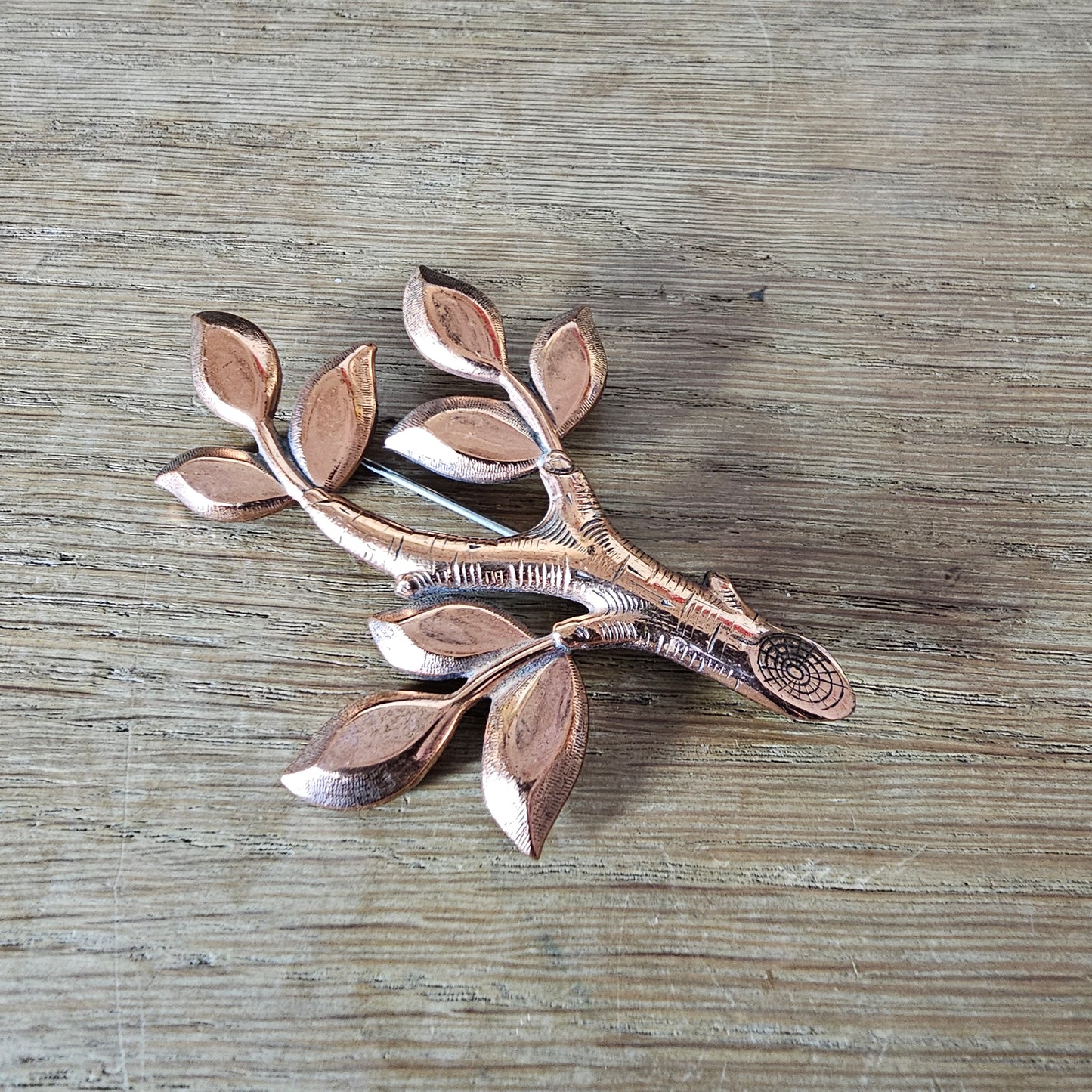 Mid-century Renoir copper-tone detailed tree & leaf brooch, signed