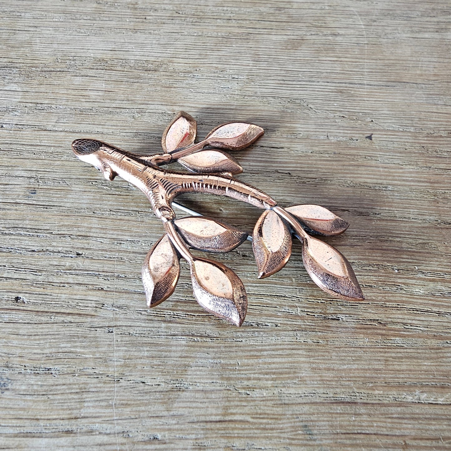 Mid-century Renoir copper-tone detailed tree & leaf brooch, signed