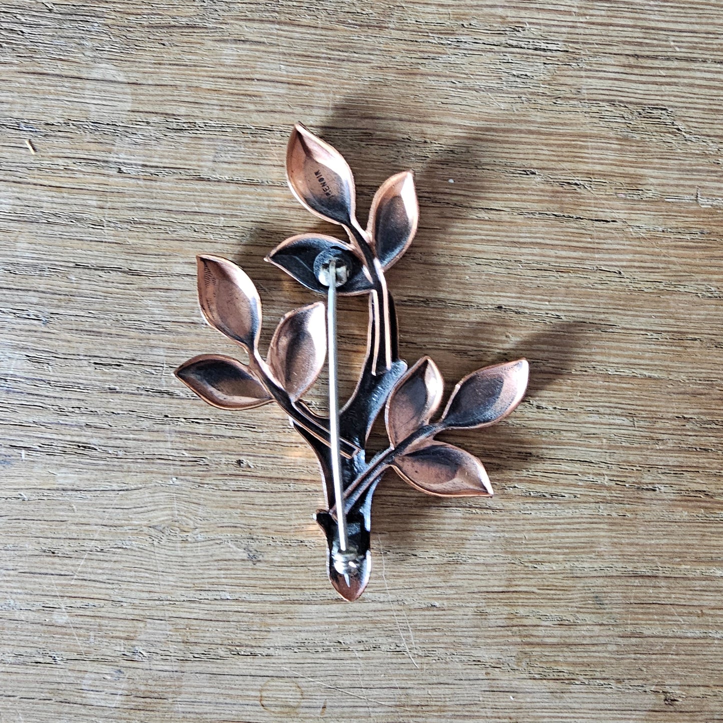Mid-century Renoir copper-tone detailed tree & leaf brooch, signed
