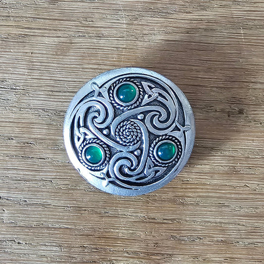 1980s Celtic pewter knotwork brooch with green glass cabochons
