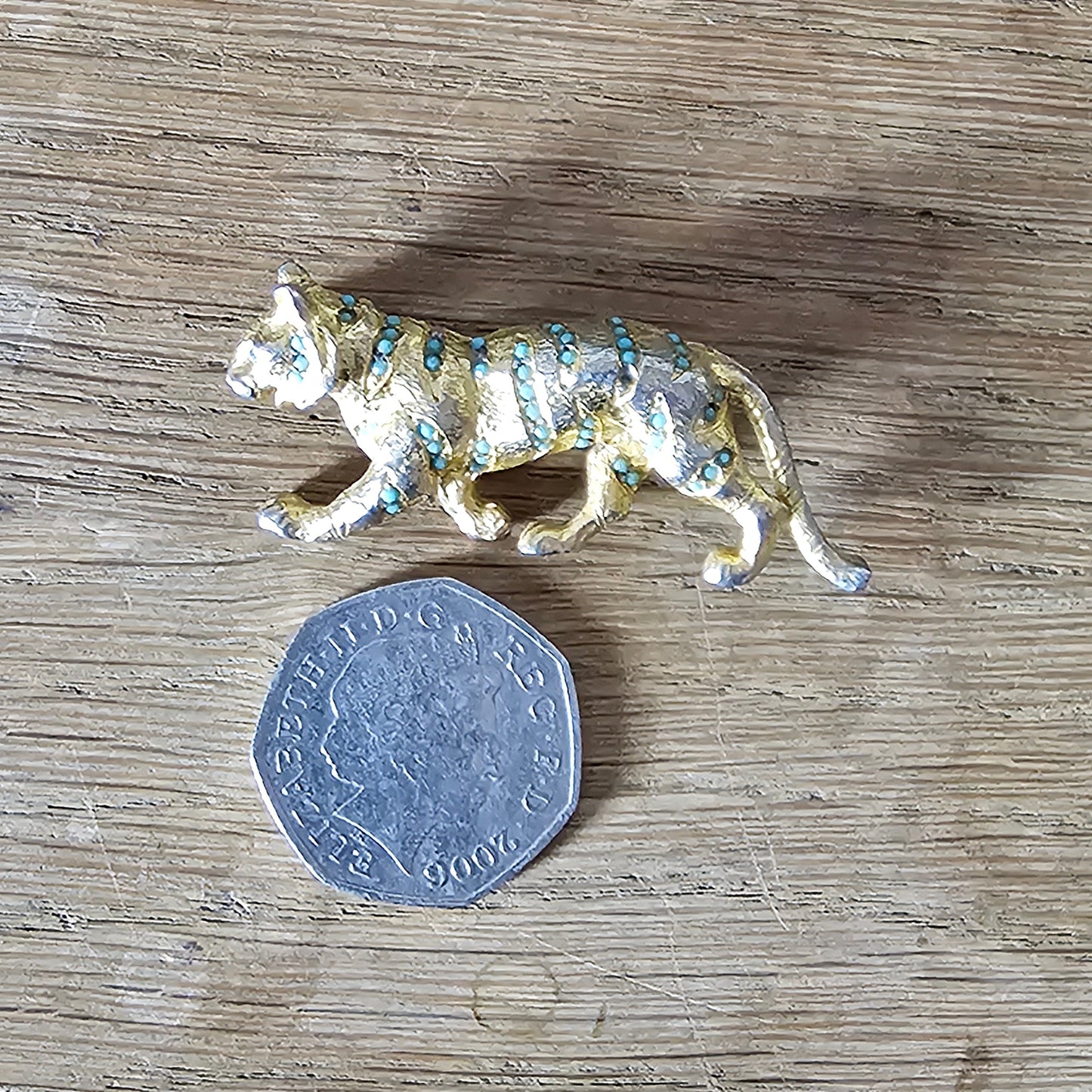 Mid-century Hollywood gold-tone & turquoise bead panther brooch
