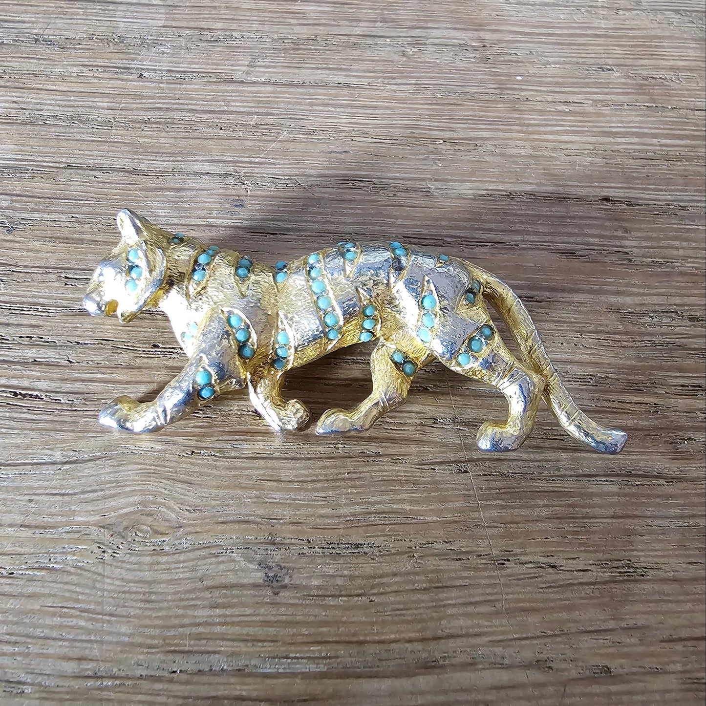 Mid-century Hollywood gold-tone & turquoise bead panther brooch
