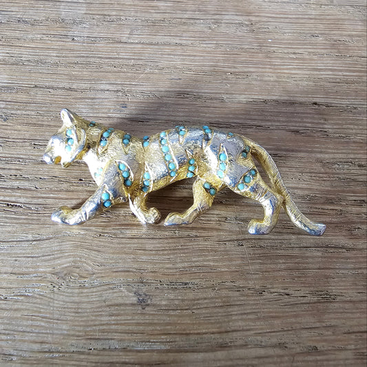 Mid-century Hollywood gold-tone & turquoise bead panther brooch