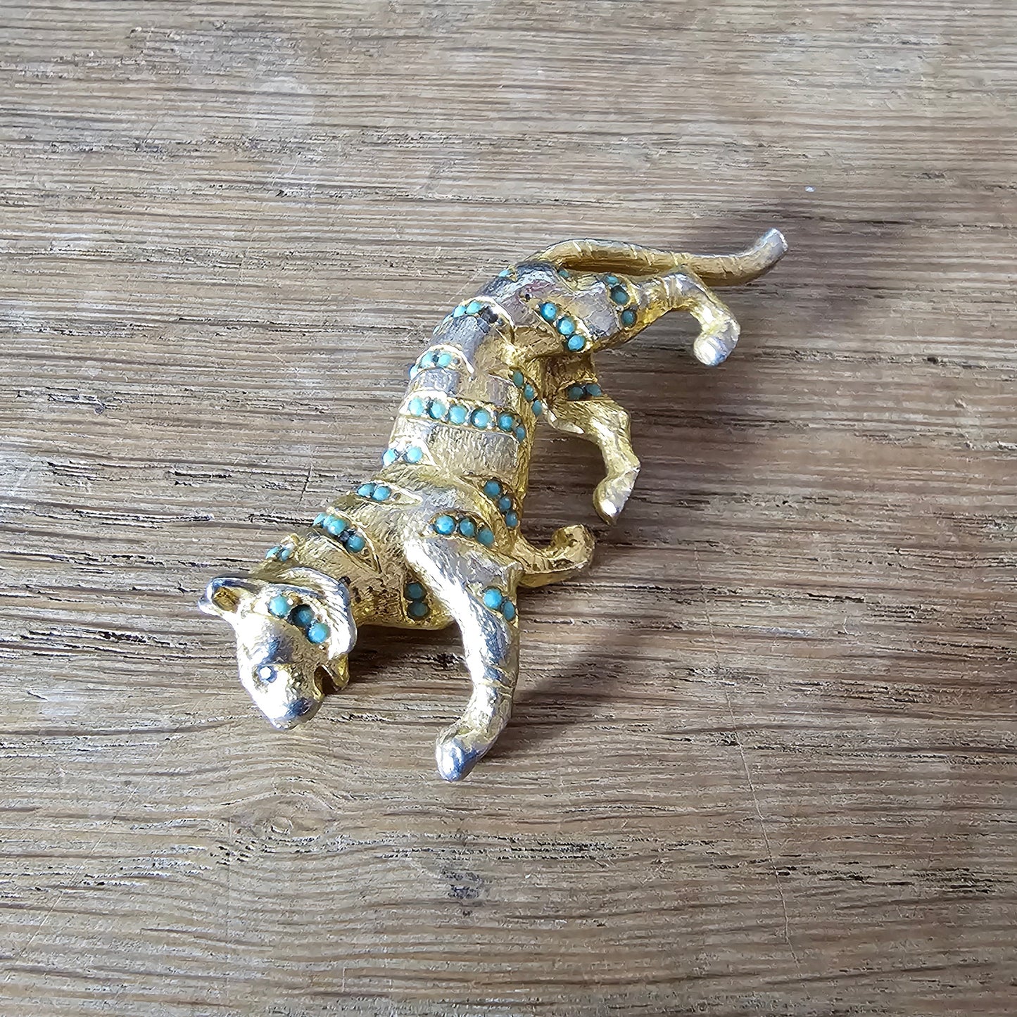 Mid-century Hollywood gold-tone & turquoise bead panther brooch