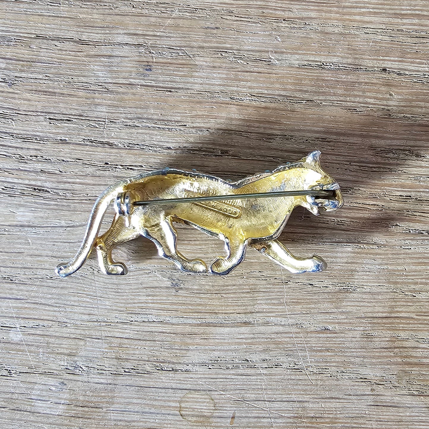 Mid-century Hollywood gold-tone & turquoise bead panther brooch