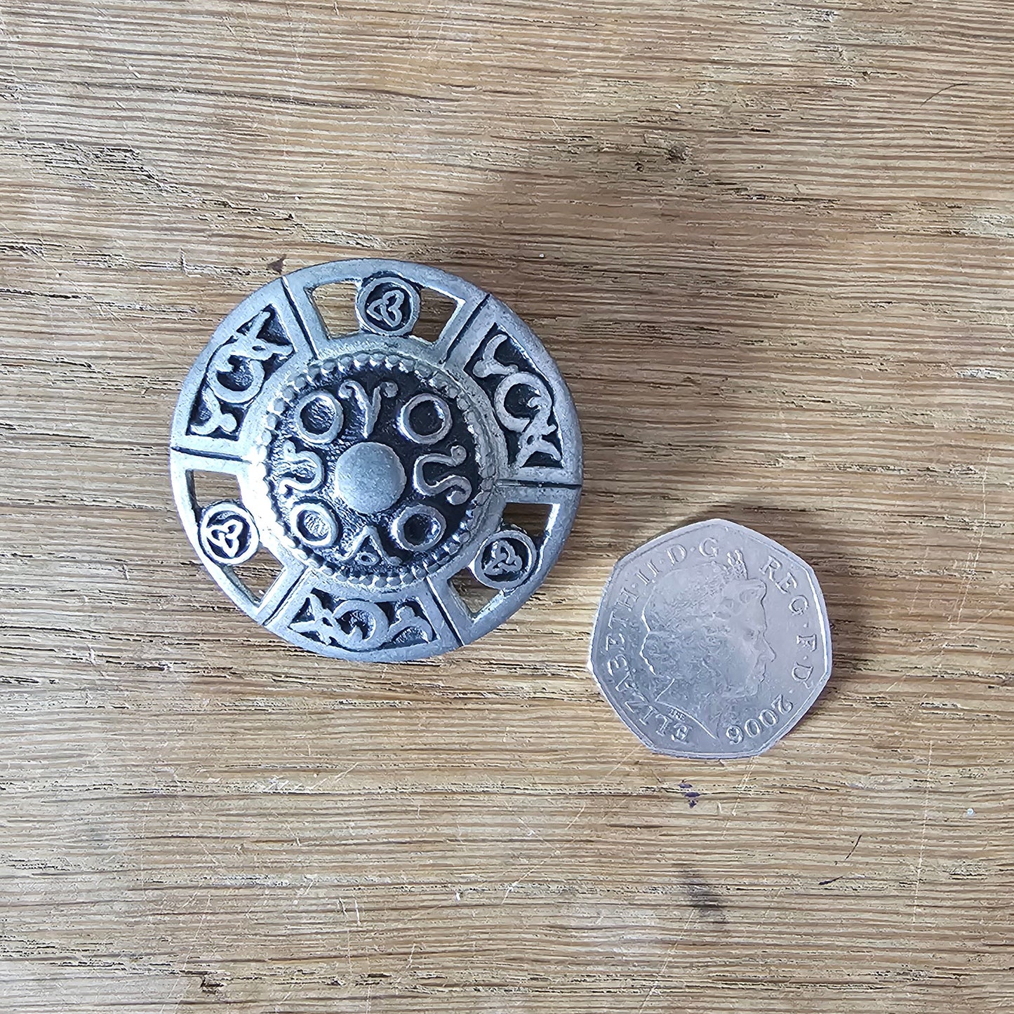 1970s St Justin Cornwall Celtic shield pewter brooch