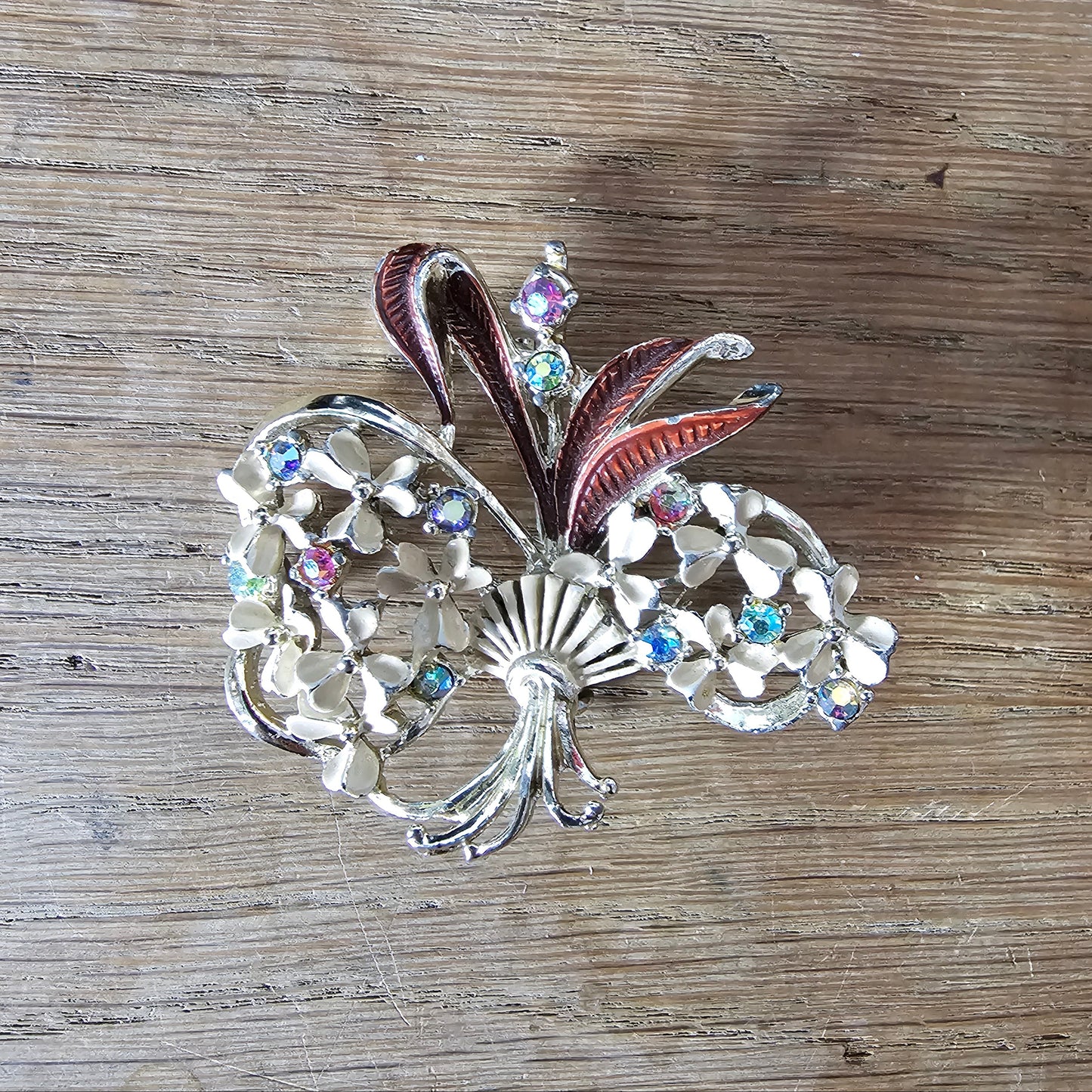 1950s enamel floral bouquet brooch with Aurora Borealis rhinestones