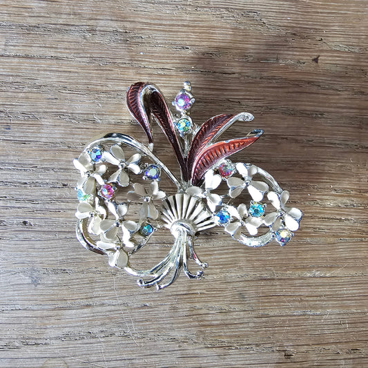 1950s enamel floral bouquet brooch with Aurora Borealis rhinestones