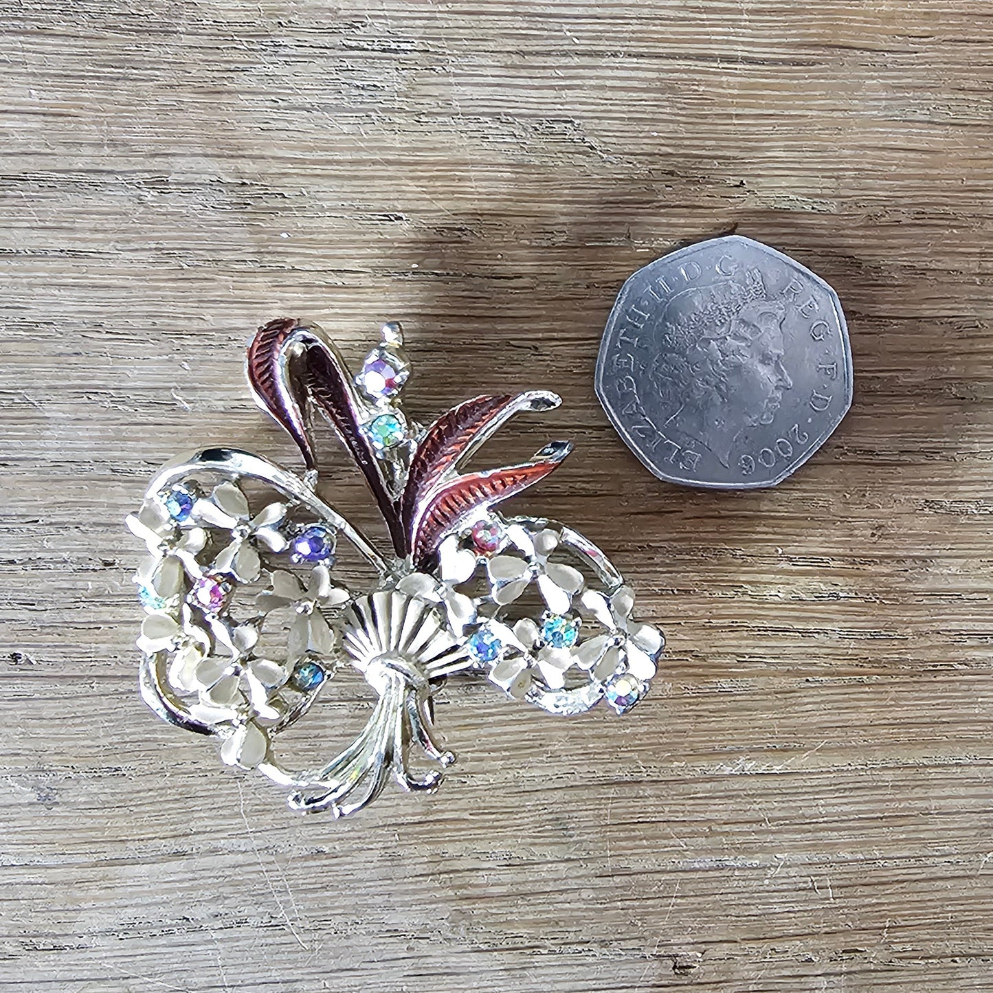 1950s enamel floral bouquet brooch with Aurora Borealis rhinestones