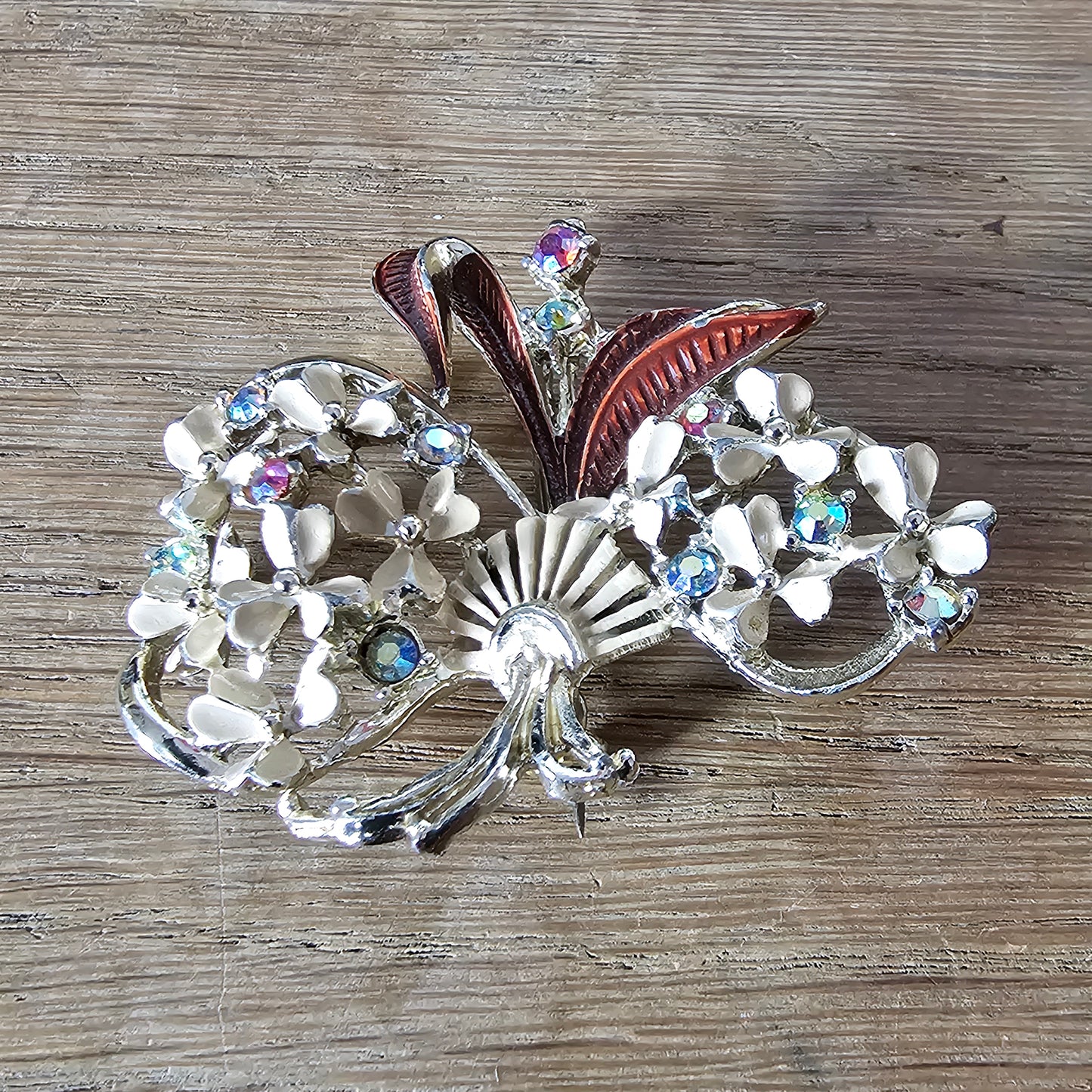 1950s enamel floral bouquet brooch with Aurora Borealis rhinestones