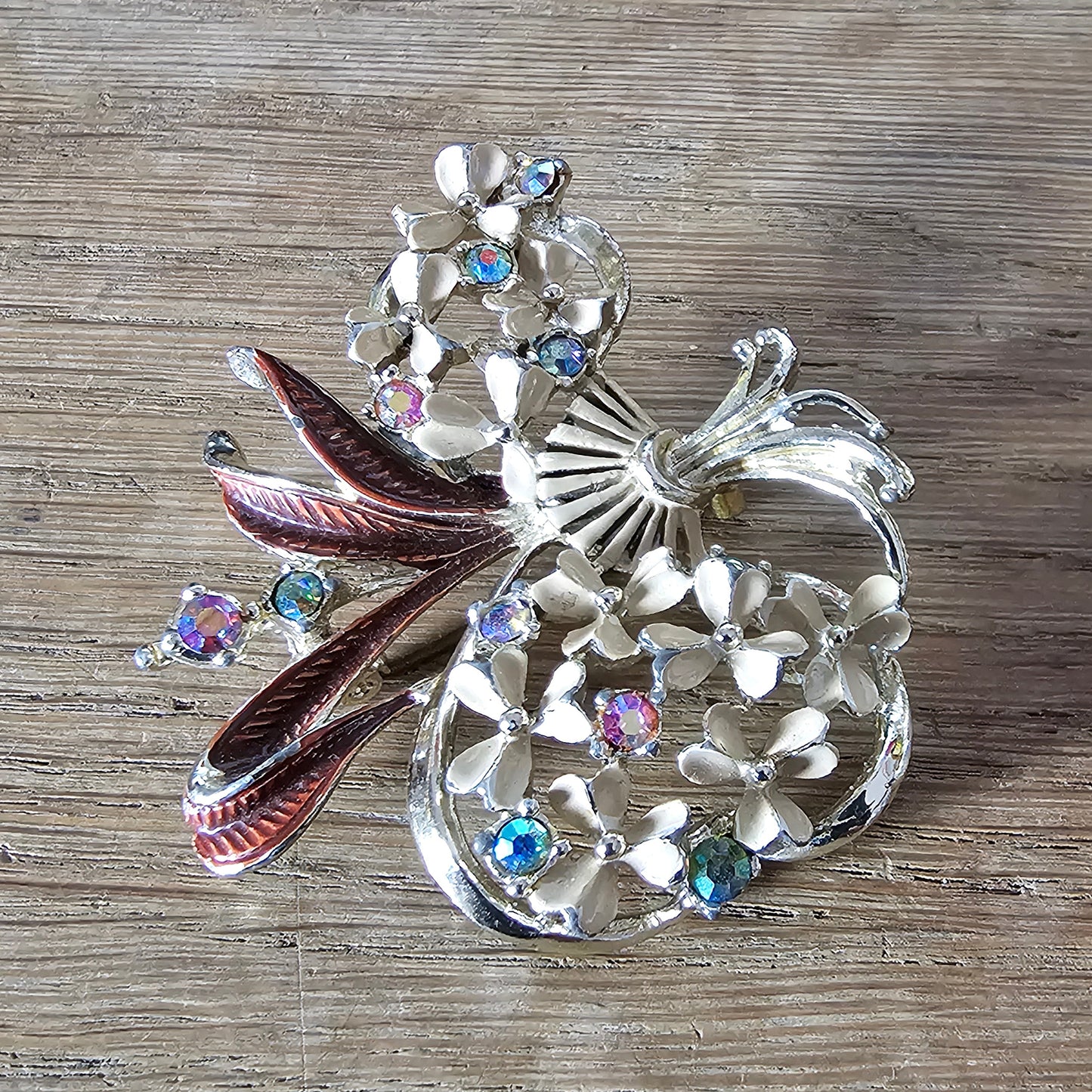 1950s enamel floral bouquet brooch with Aurora Borealis rhinestones