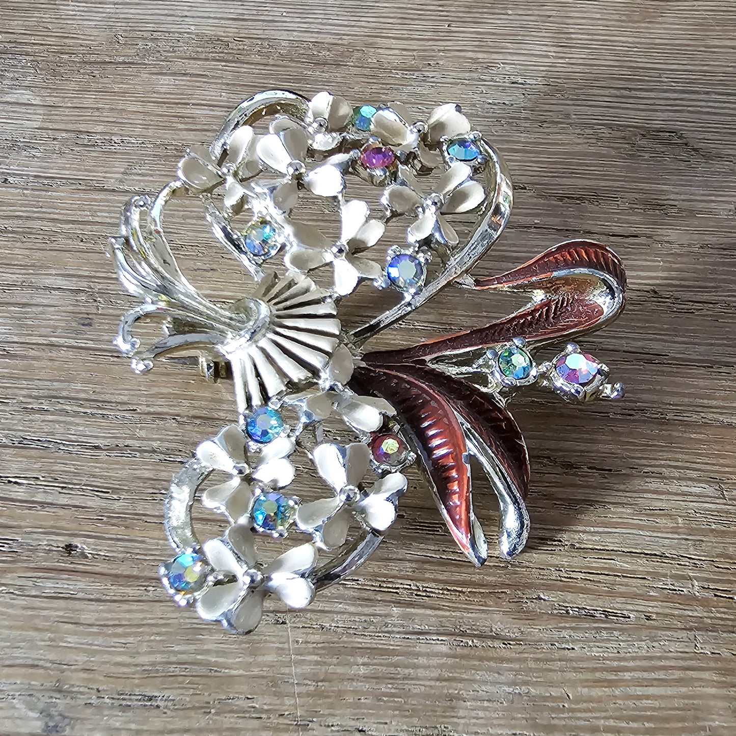 1950s enamel floral bouquet brooch with Aurora Borealis rhinestones