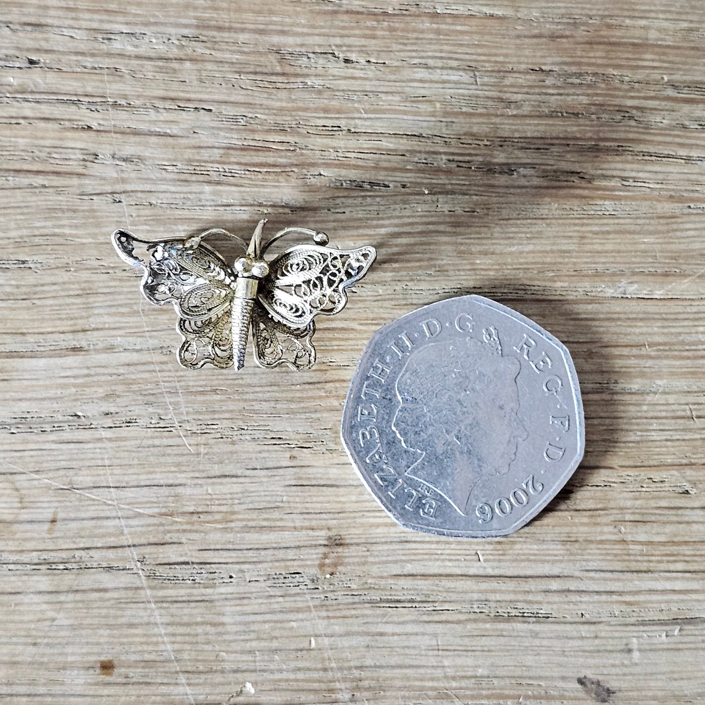 Antique sterling silver filigree butterfly brooch