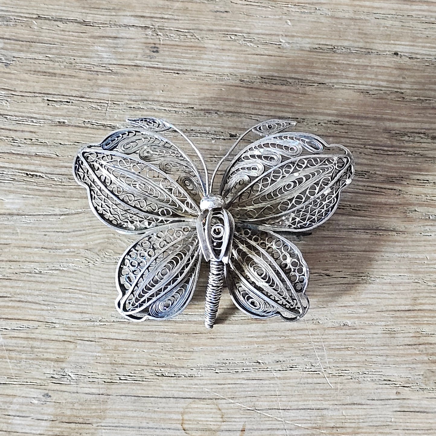 Vintage Edwardian-style sterling silver filigree/lace butterfly brooch