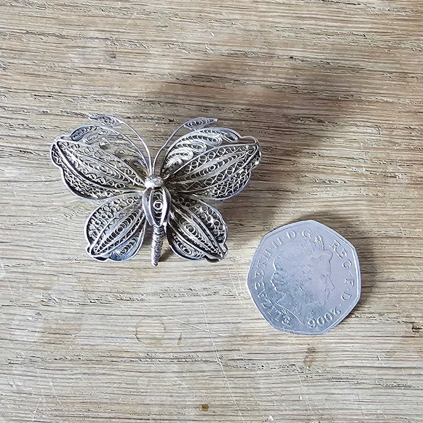 Vintage Edwardian-style sterling silver filigree/lace butterfly brooch