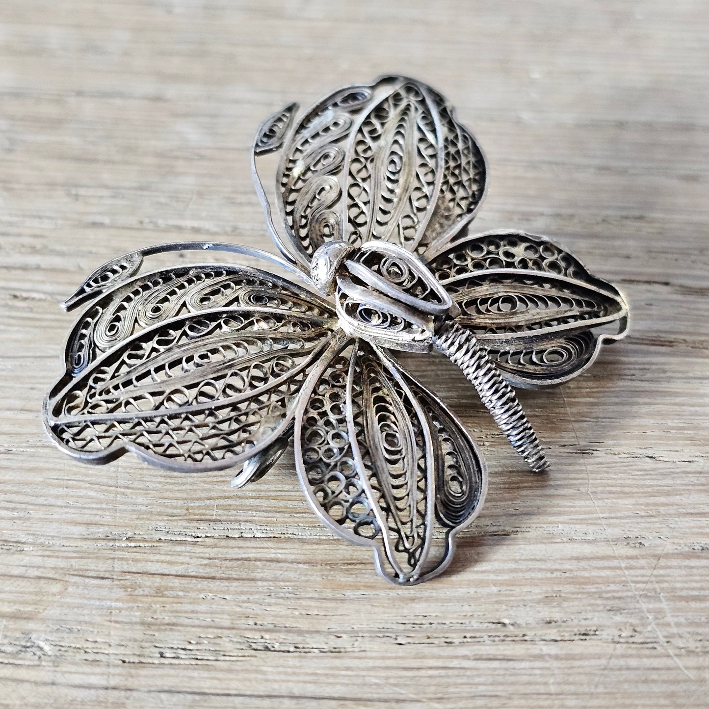 Vintage Edwardian-style sterling silver filigree/lace butterfly brooch