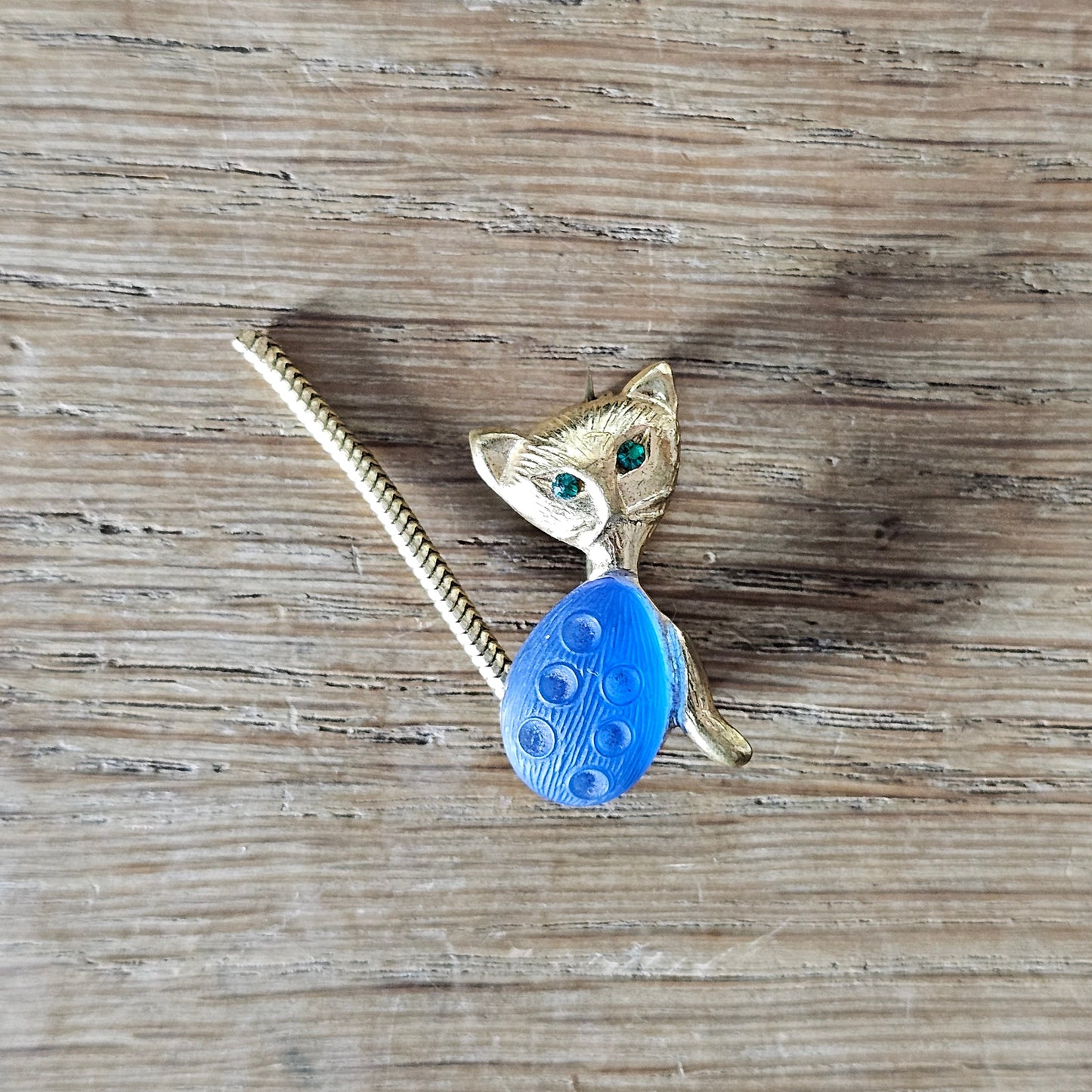 1960s Ges Gesch, Germany gold-tone blue glass jelly belly kitten brooch, stamped