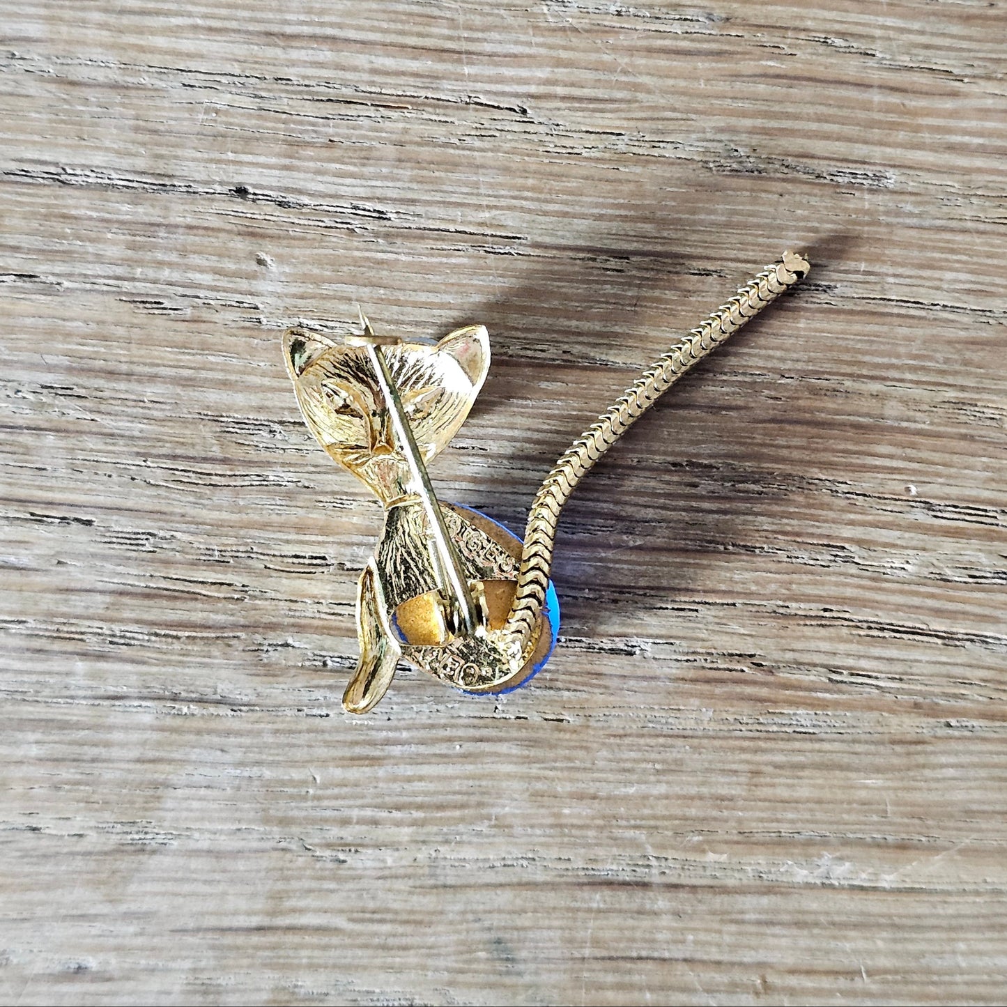 1960s Ges Gesch, Germany gold-tone blue glass jelly belly kitten brooch, stamped