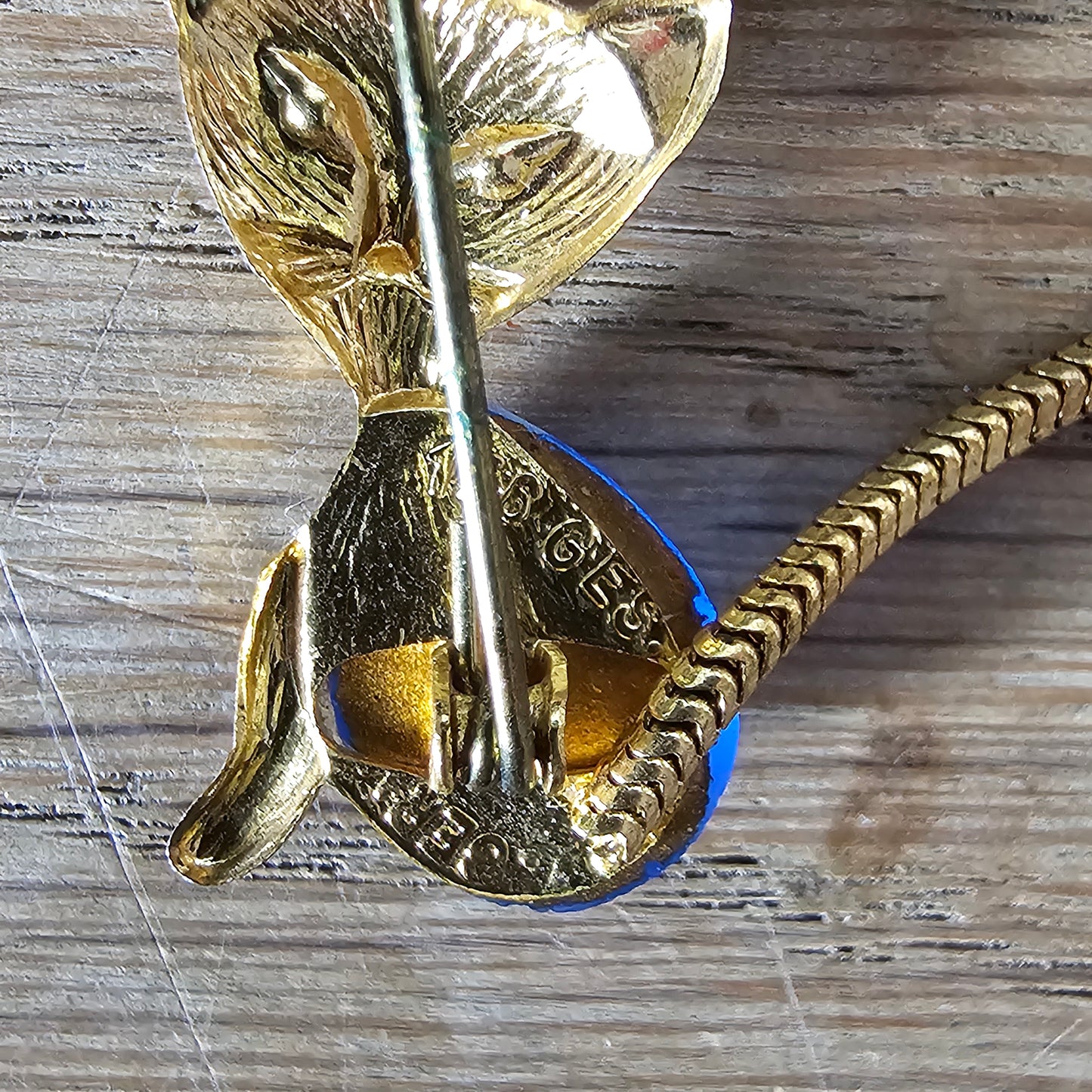 1960s Ges Gesch, Germany gold-tone blue glass jelly belly kitten brooch, stamped