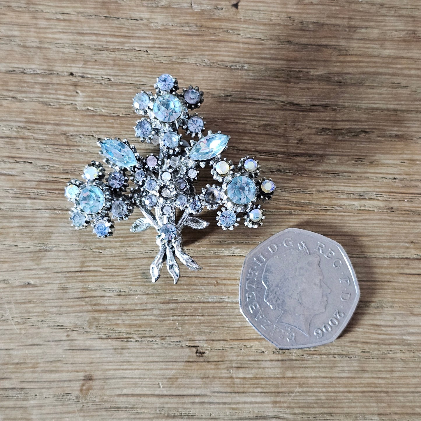 1950s/60s silver-tone & diamanté floral spray brooch