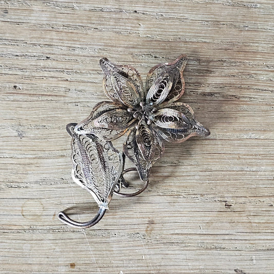 Antique copper filigree floral brooch