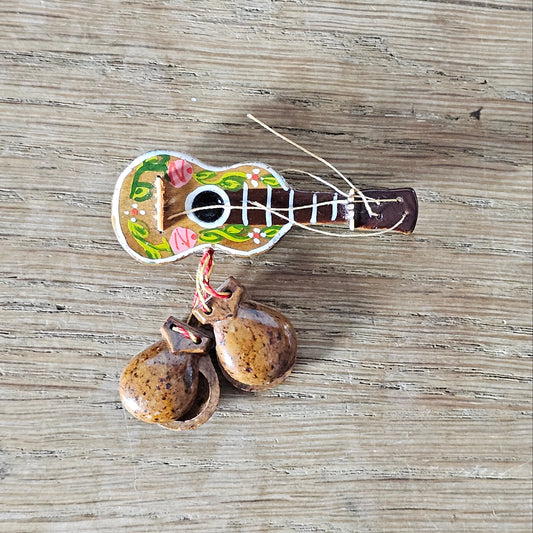 1940s hand-painted wooden guitar brooch with hanging maracas
