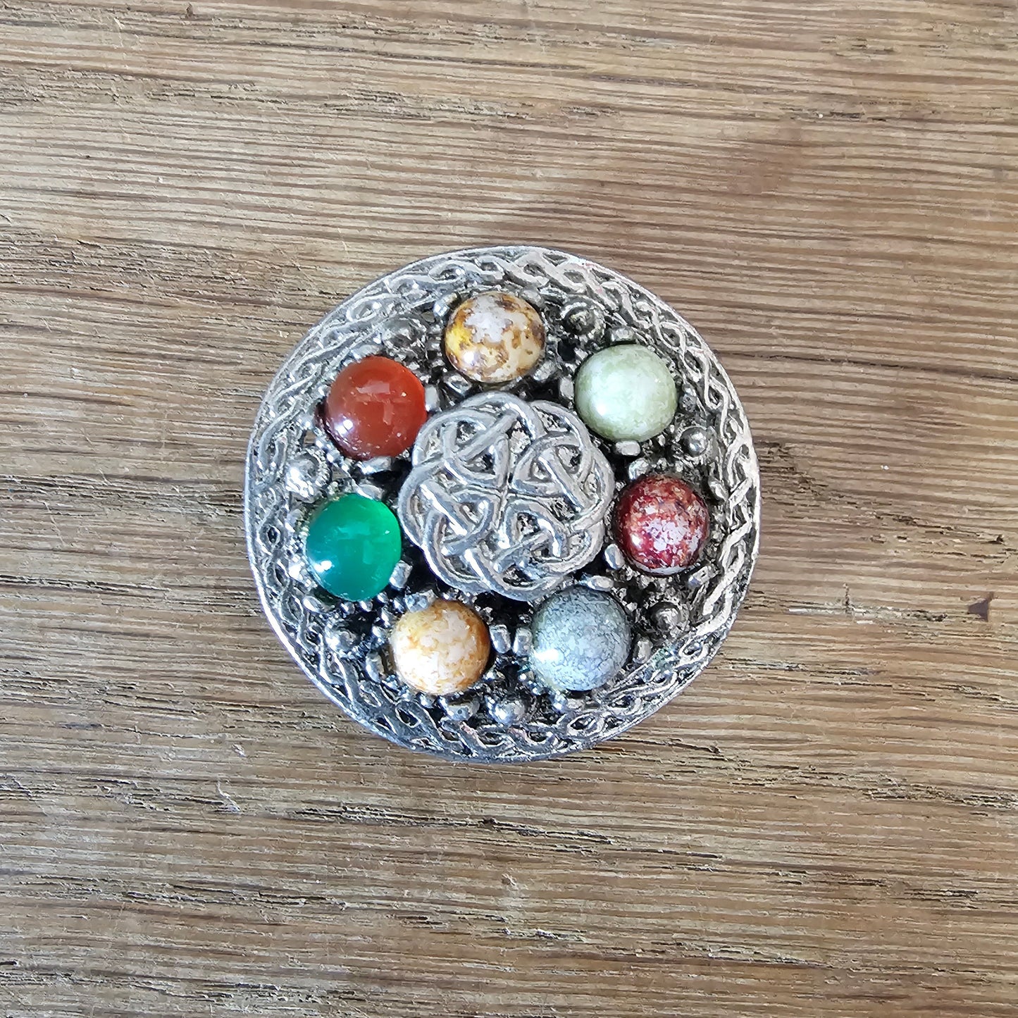 circa. 1950s Weiner silver-tone & multicoloured stone Celtic shield brooch