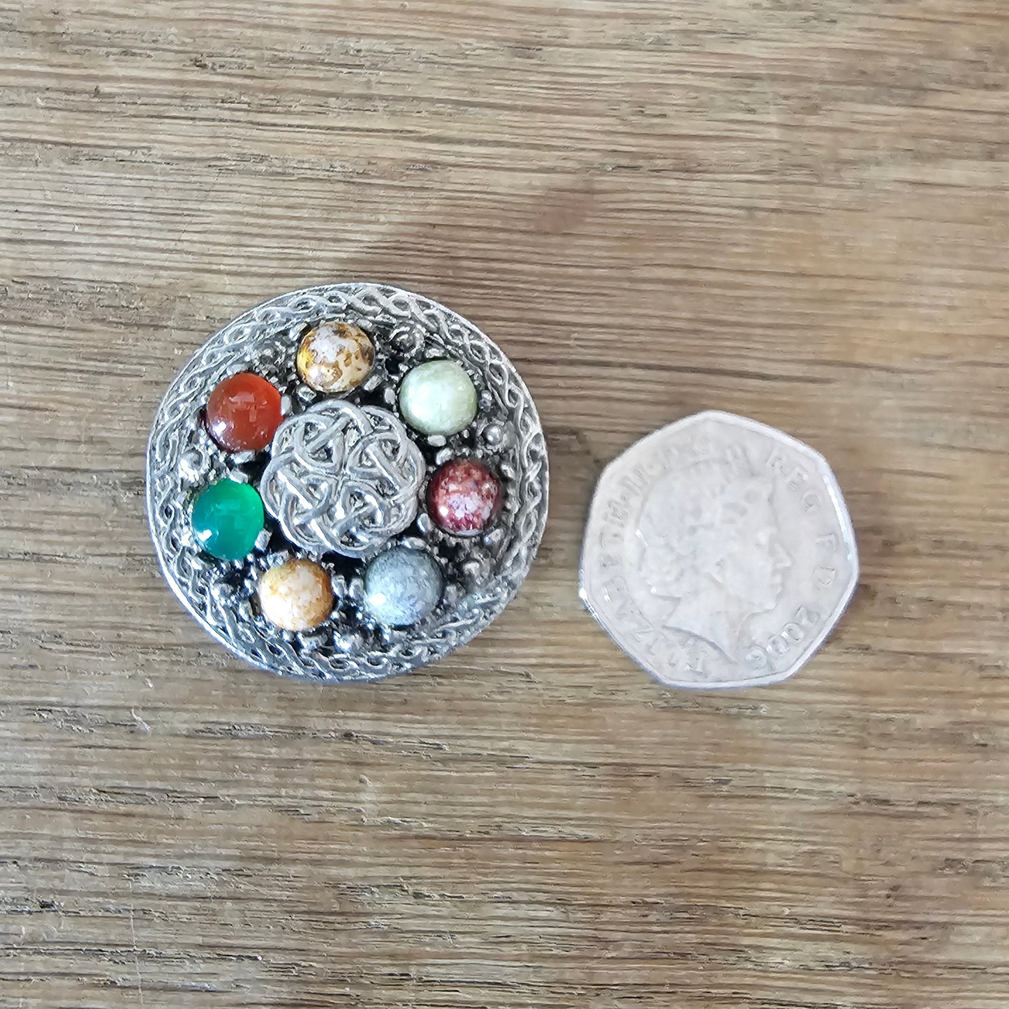 circa. 1950s Weiner silver-tone & multicoloured stone Celtic shield brooch
