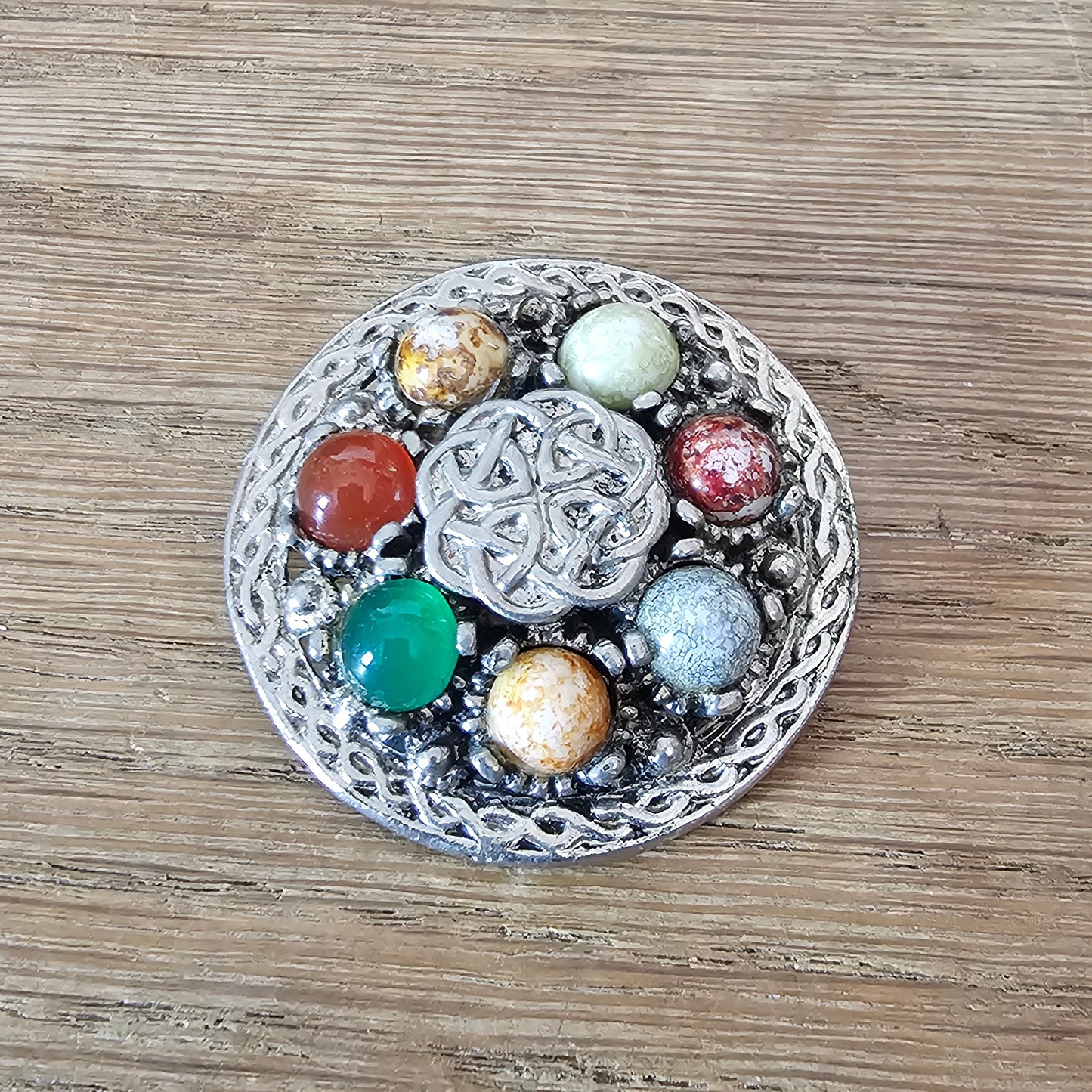 circa. 1950s Weiner silver-tone & multicoloured stone Celtic shield brooch