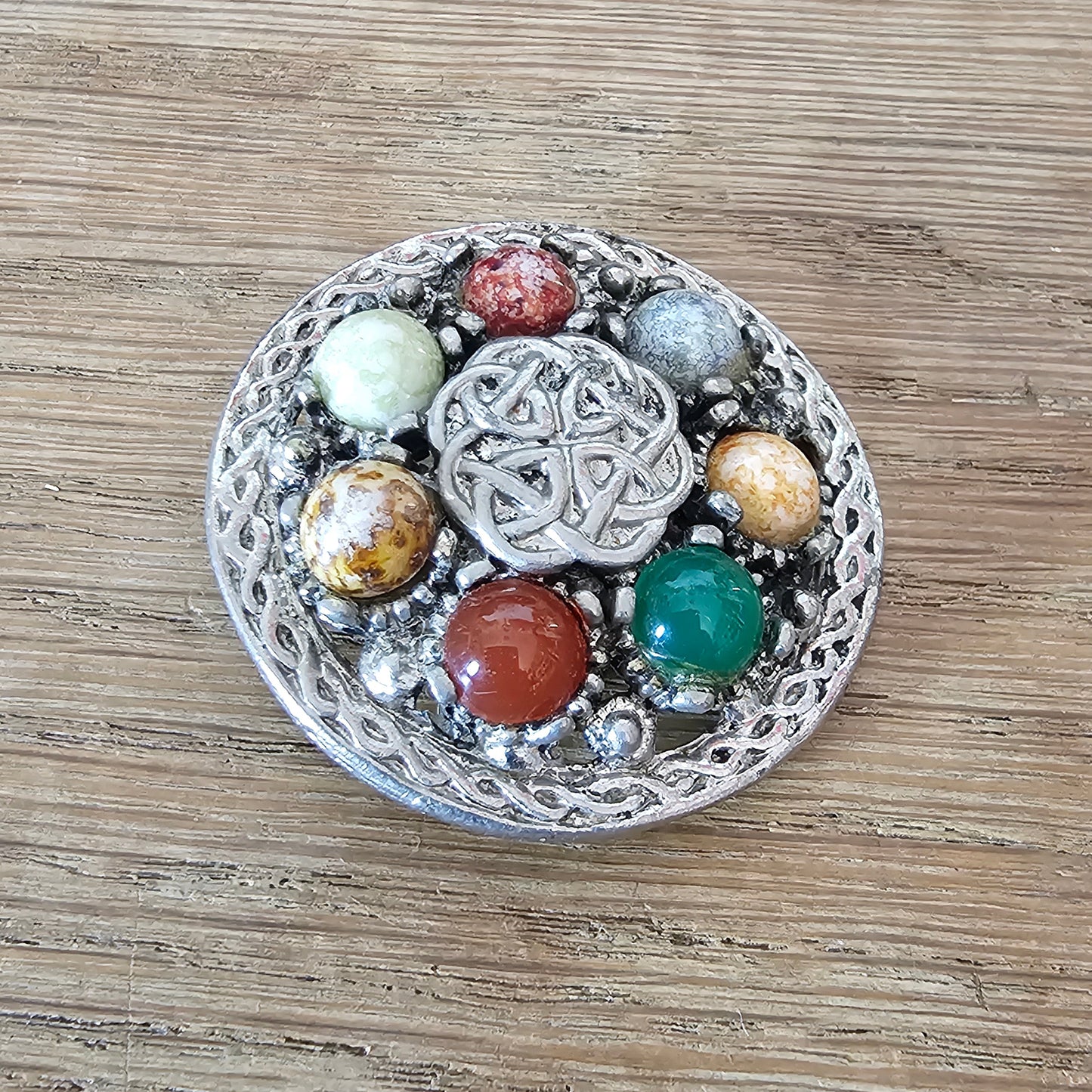 circa. 1950s Weiner silver-tone & multicoloured stone Celtic shield brooch