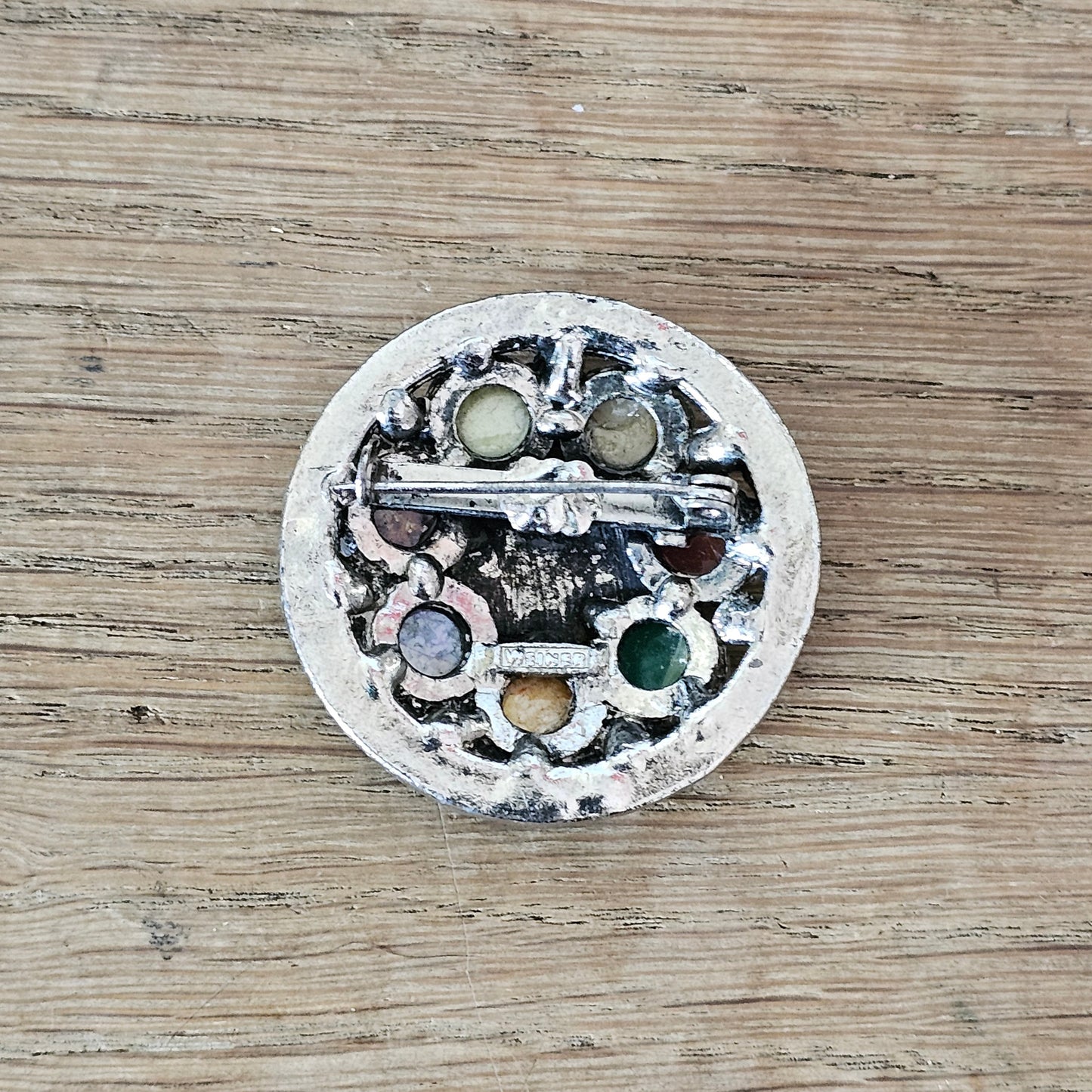circa. 1950s Weiner silver-tone & multicoloured stone Celtic shield brooch