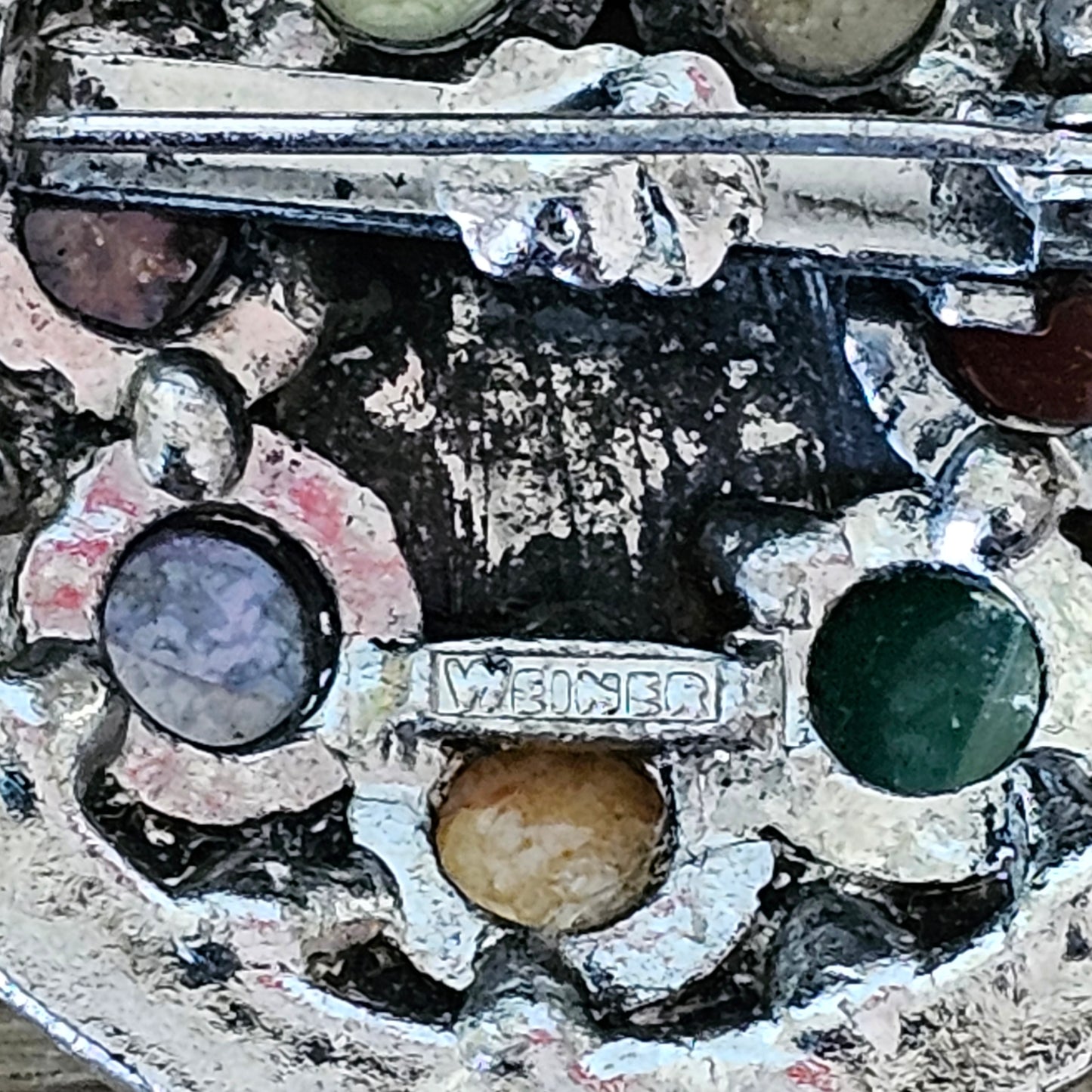 circa. 1950s Weiner silver-tone & multicoloured stone Celtic shield brooch