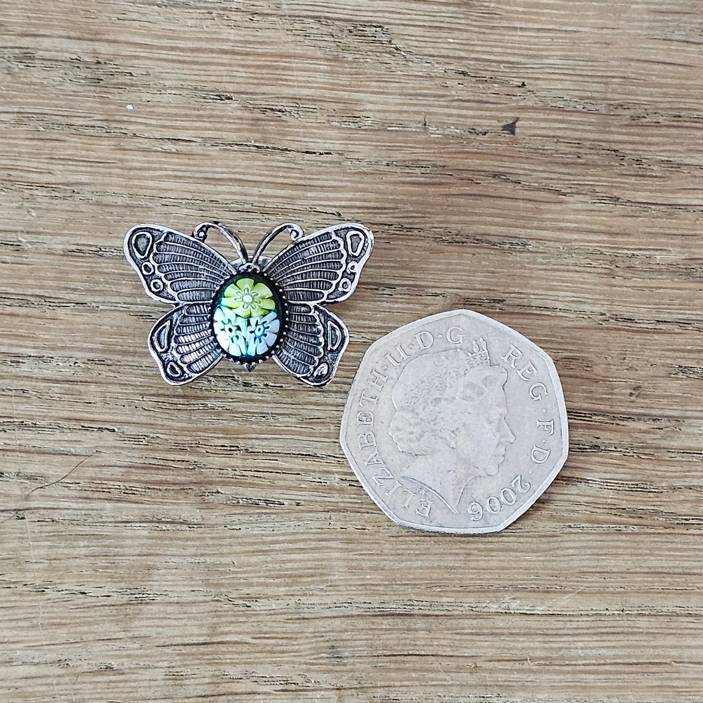 1970s Cornish Stone Shop silver-tone & Millefiori glass butterfly pin