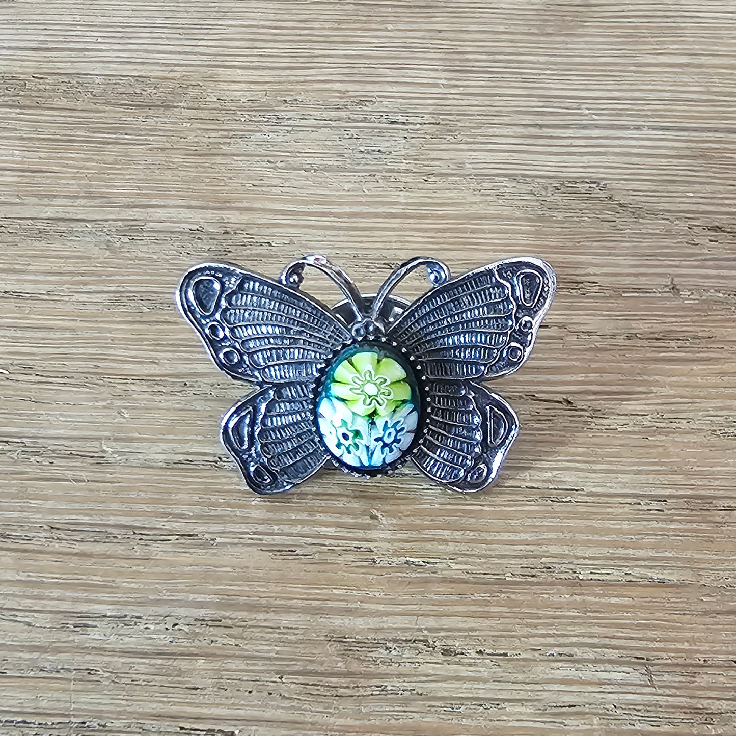 1970s Cornish Stone Shop silver-tone & Millefiori glass butterfly pin