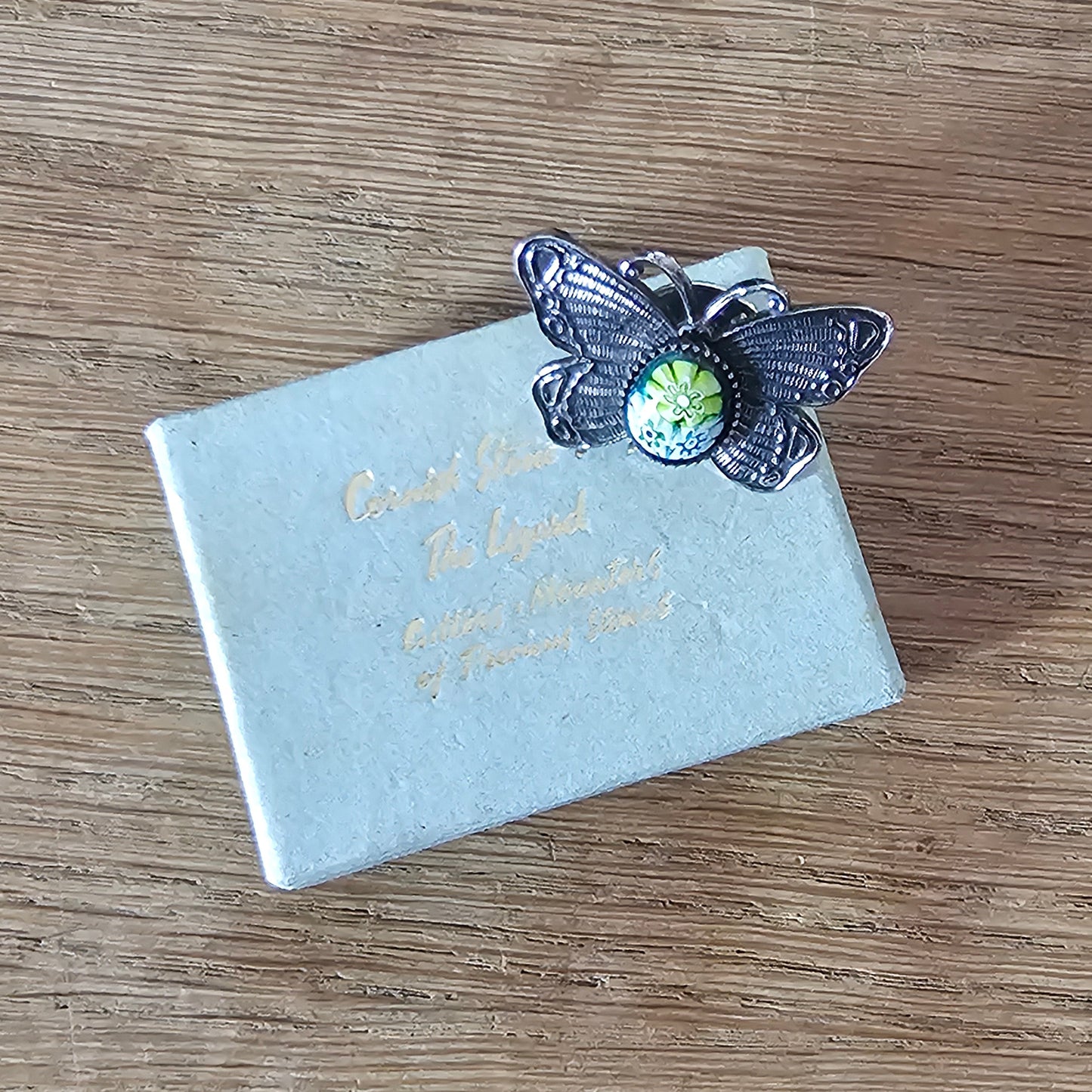 1970s Cornish Stone Shop silver-tone & Millefiori glass butterfly pin