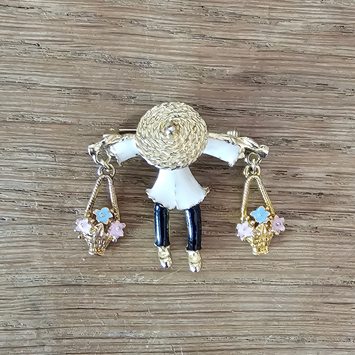 1960s gold-tone & enamel figural Asian flower seller brooch pendant