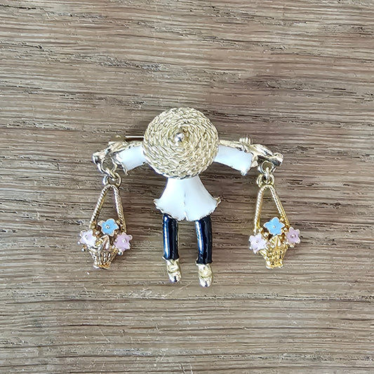 1960s gold-tone & enamel figural Asian flower seller brooch pendant