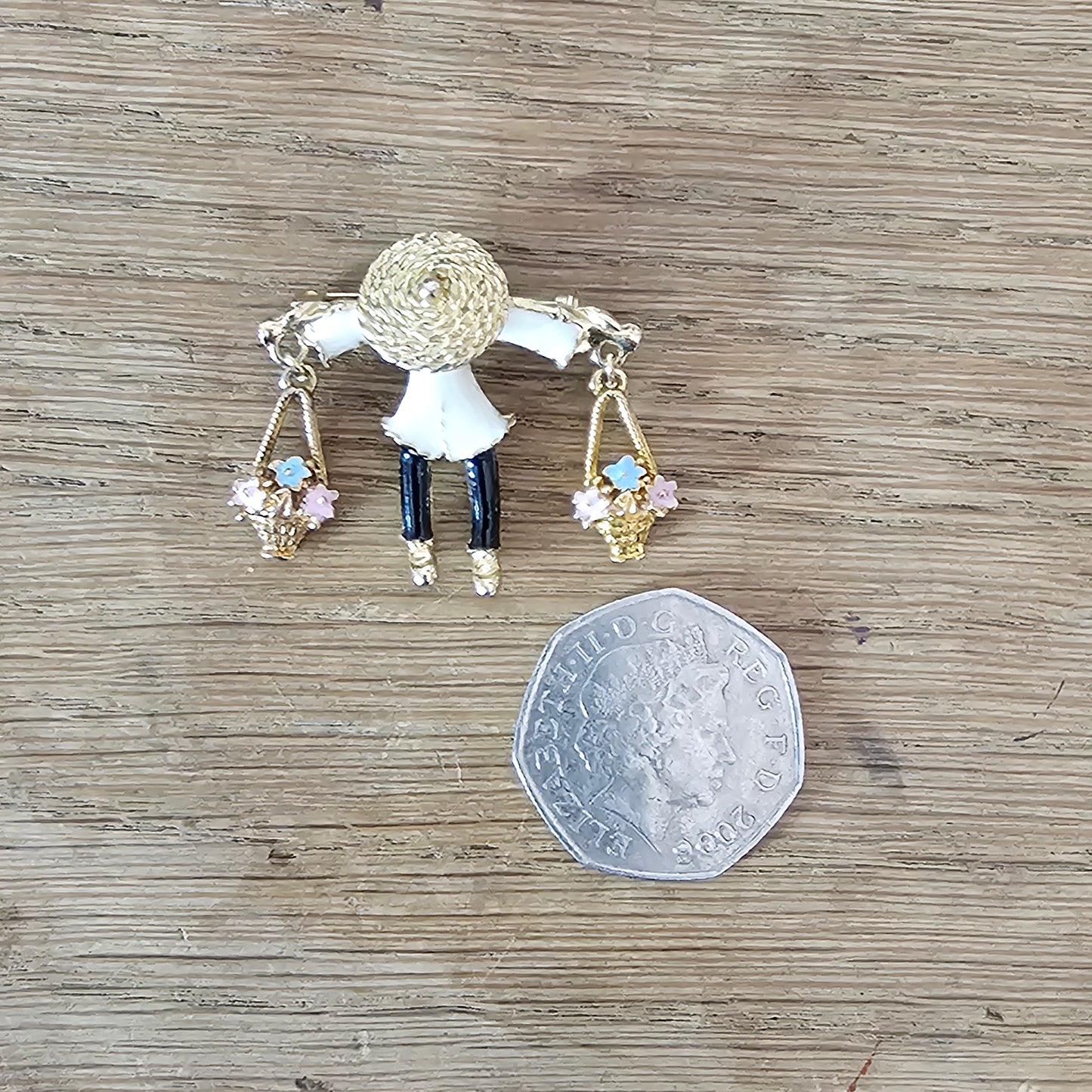 1960s gold-tone & enamel figural Asian flower seller brooch pendant