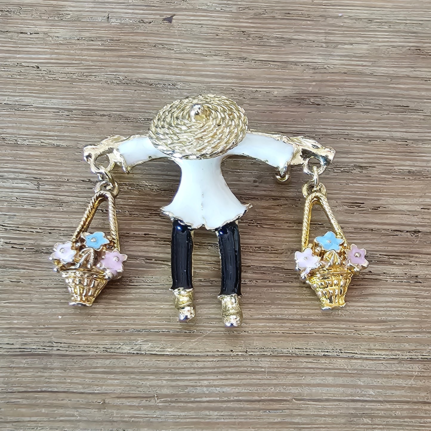 1960s gold-tone & enamel figural Asian flower seller brooch pendant