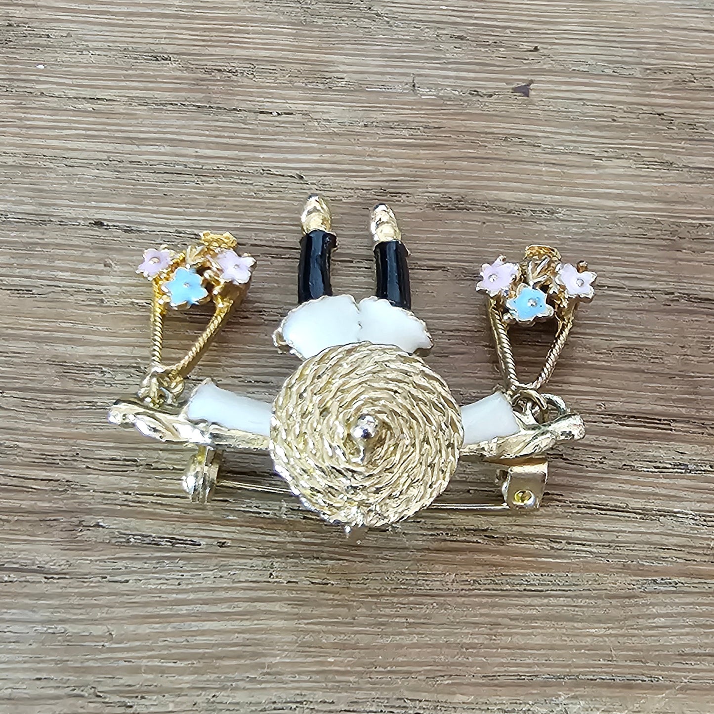 1960s gold-tone & enamel figural Asian flower seller brooch pendant