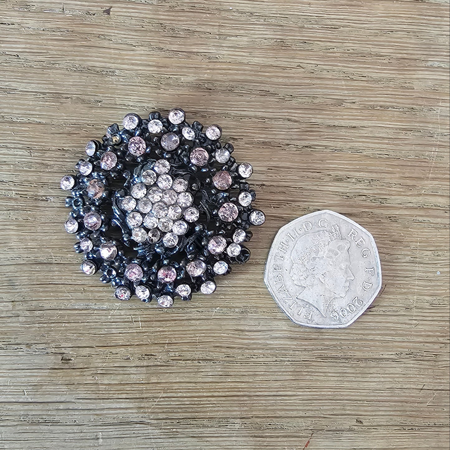1950s gunmetal-tone & pink rhinestone floral brooch