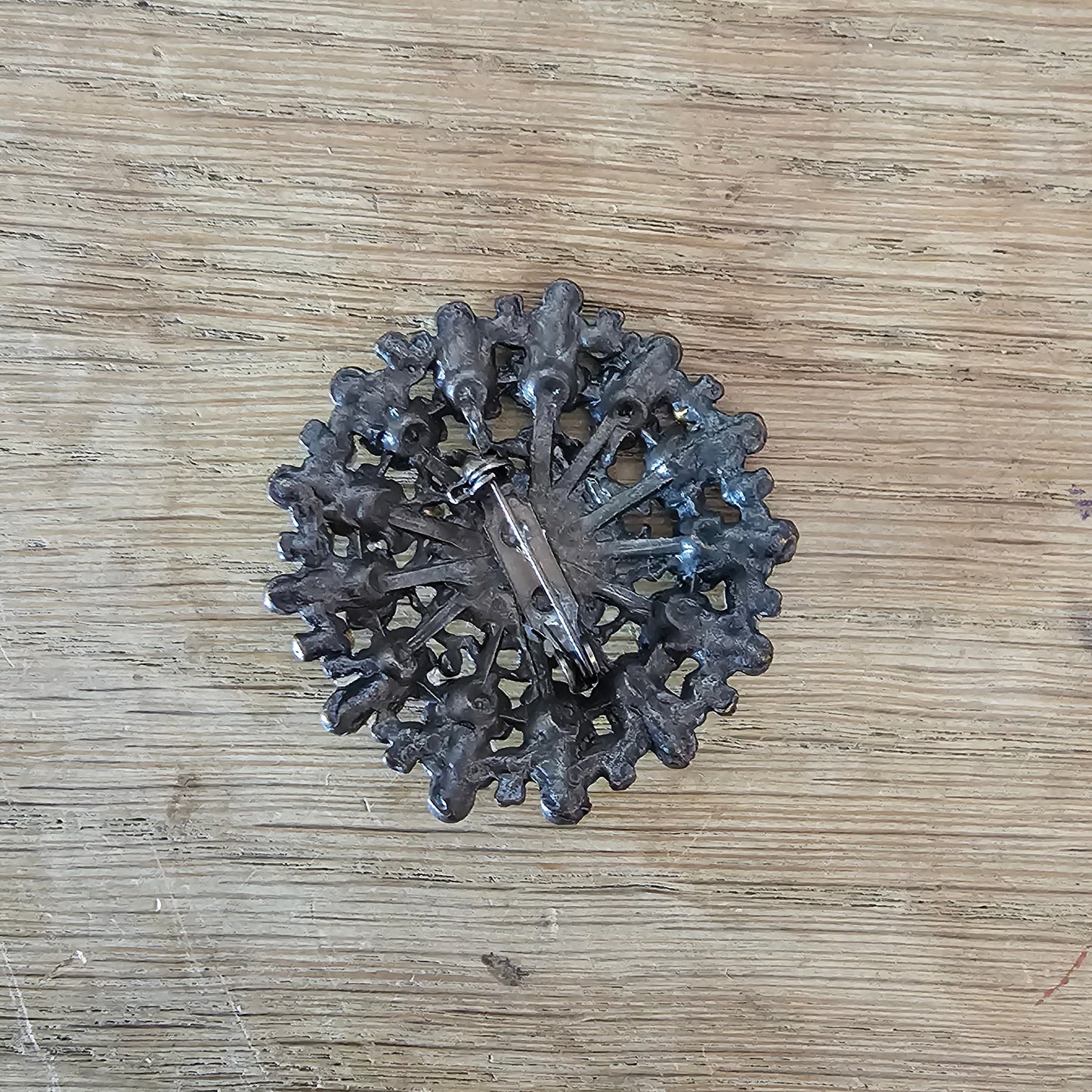 1950s gunmetal-tone & pink rhinestone floral brooch