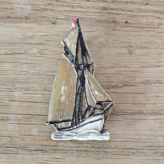 1930s/40s handpainted celluloid sailing boat brooch, made in England