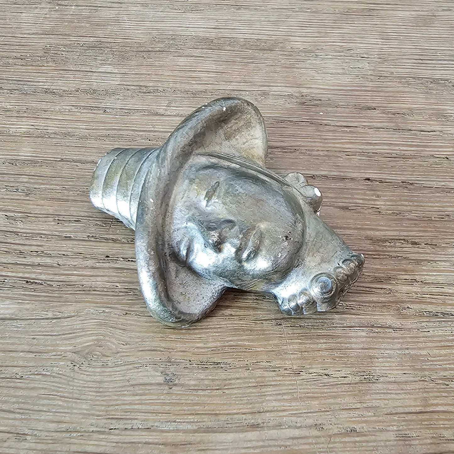circa. 1940s gold-painted plaster/chalkware lady in hat head brooch