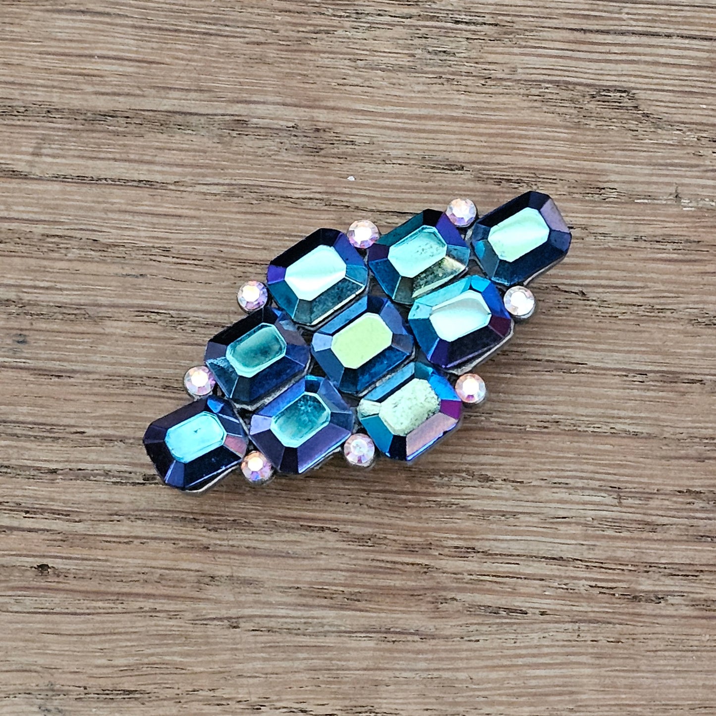 1960s iridescent petrol blue faceted glass rhinestone brooch